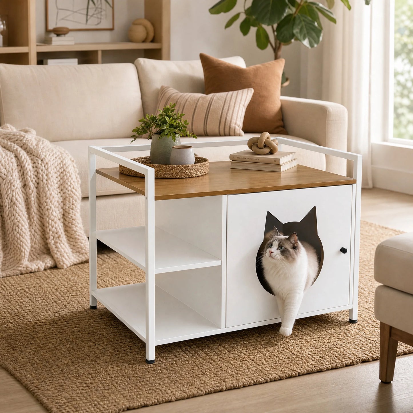 Multifunctional Cat Litter Box Cabinet with Storage, White & Light Oak