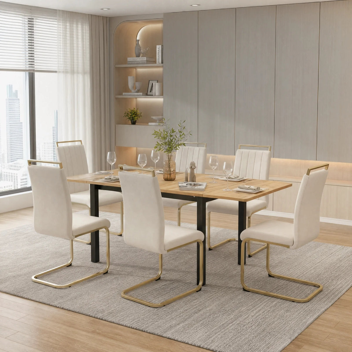 Beige Velvet Cantilever Dining Chairs with Gold Legs(Set of 2)
