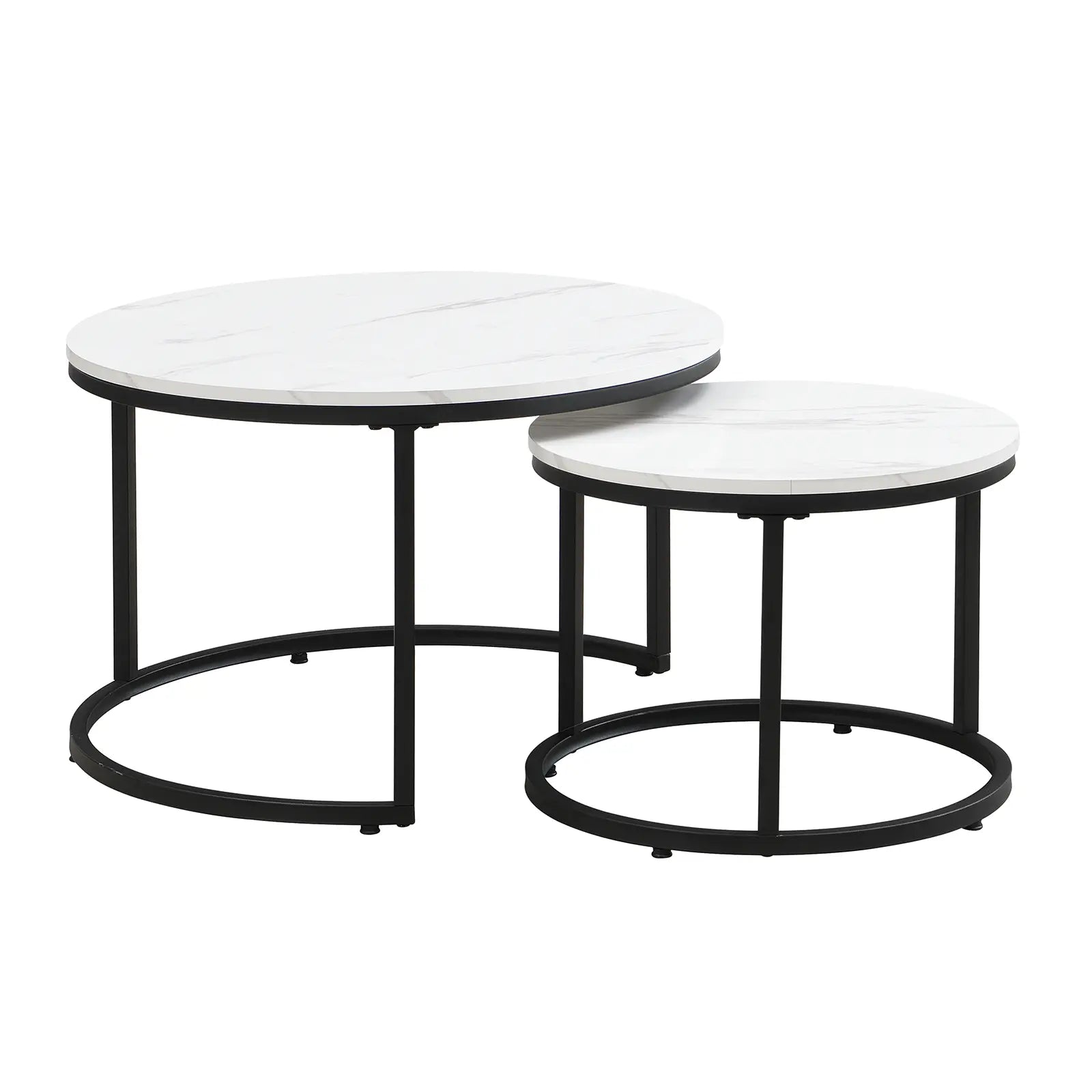 Modern round nesting coffee tables with white marble-look tops and black metal frames, offering flexible layered or separate use for small living spaces.