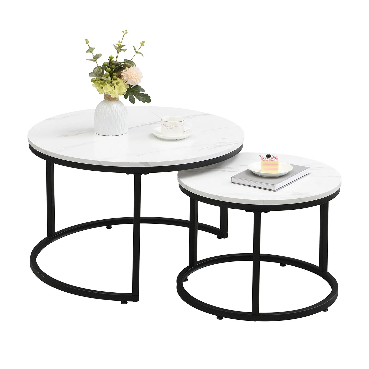 Modern round nesting coffee tables with white marble-look tops and black metal frames, offering flexible layered or separate use for small living spaces.