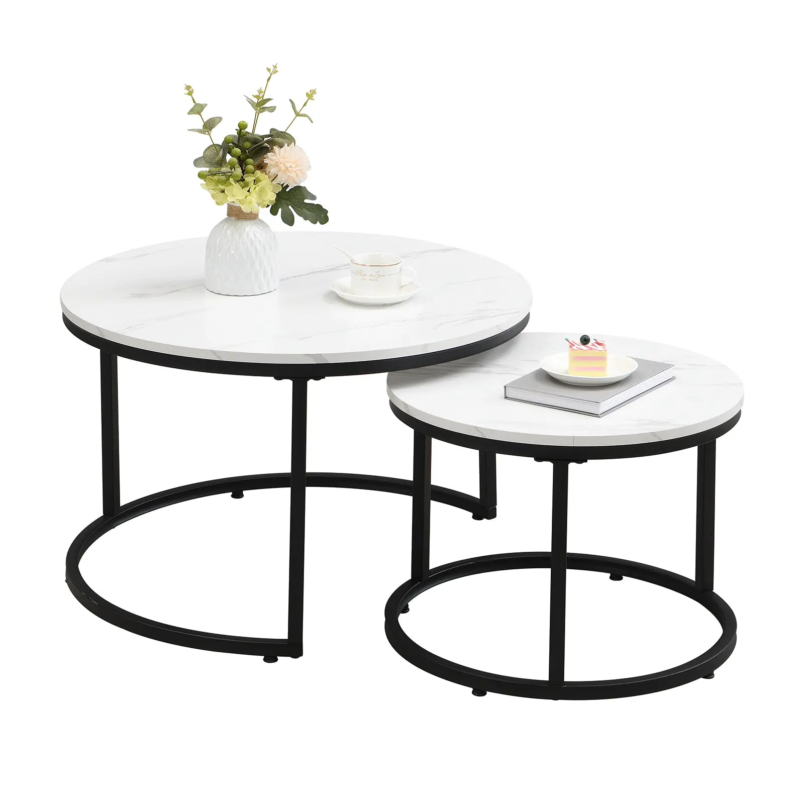 Modern round nesting coffee tables with white marble-look tops and black metal frames, offering flexible layered or separate use for small living spaces.
