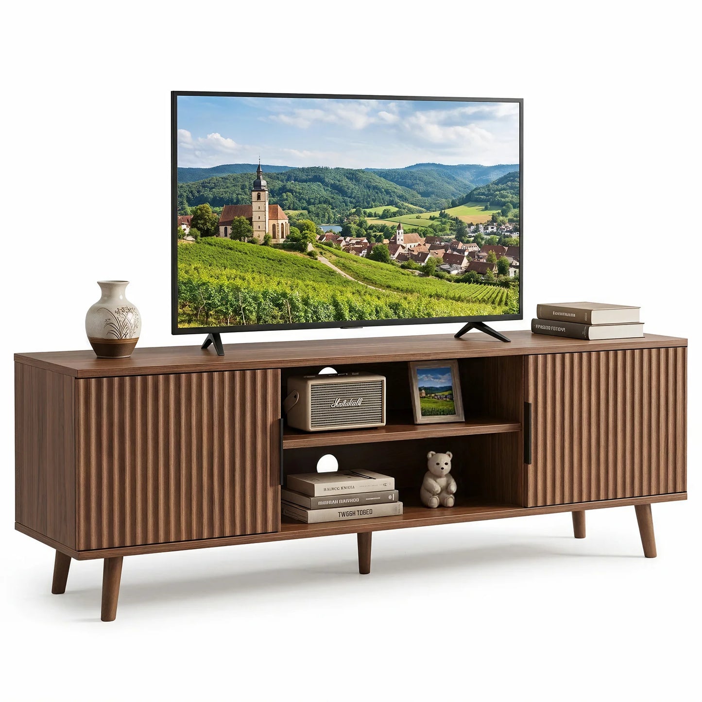 Walnut Fluted TV Stand with Storage Cabinets