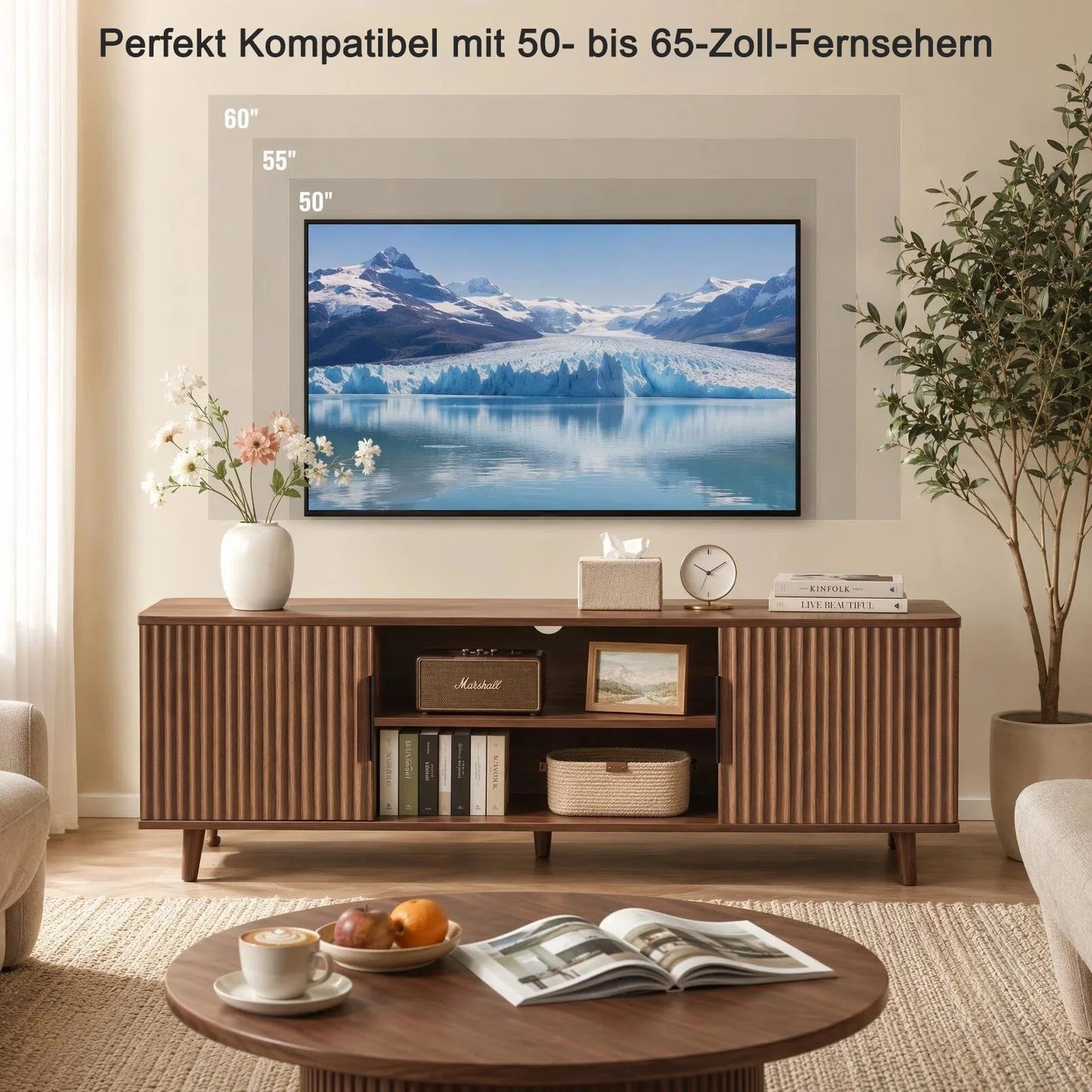 Walnut Fluted TV Stand with Storage Cabinets