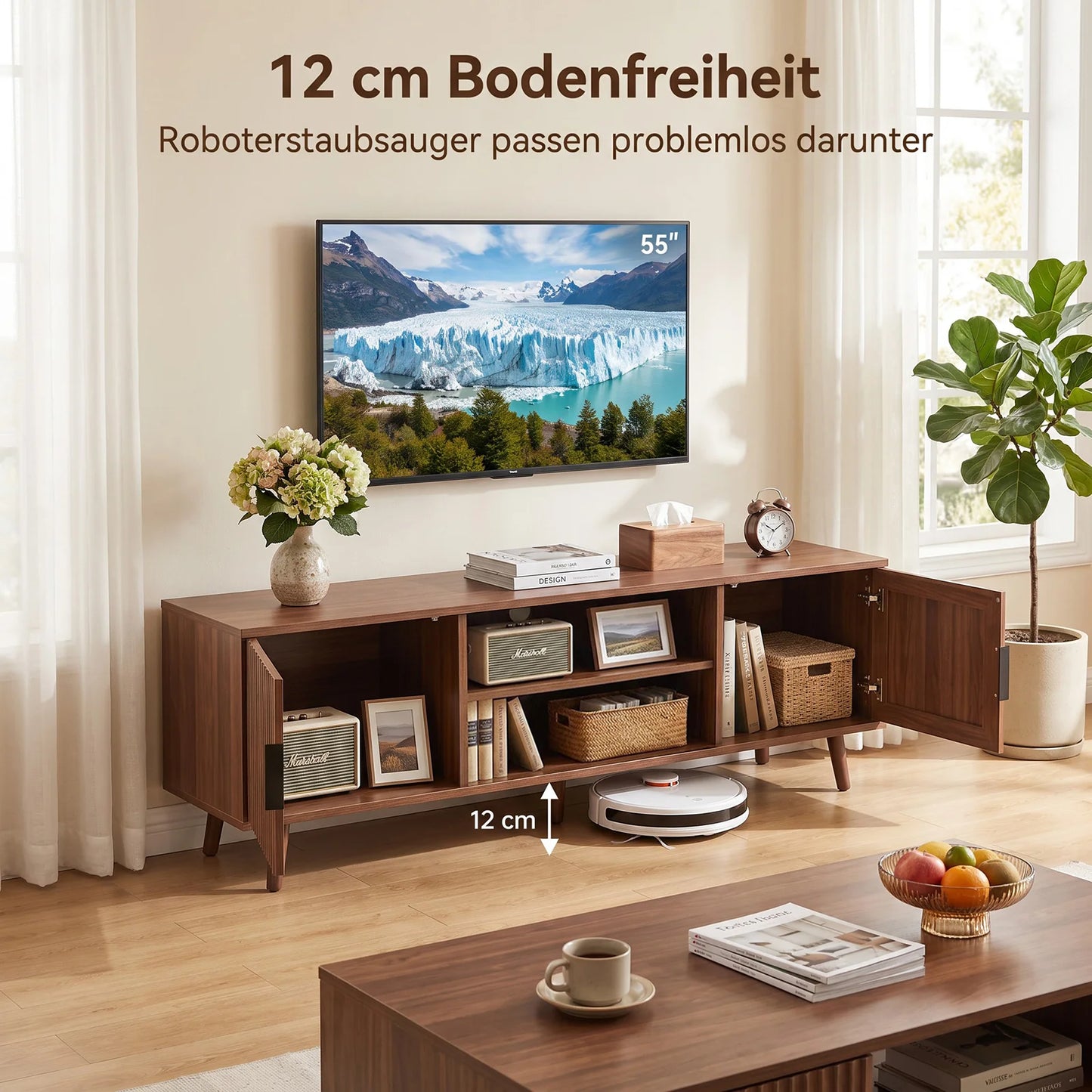 Walnut Fluted TV Stand with Storage Cabinets