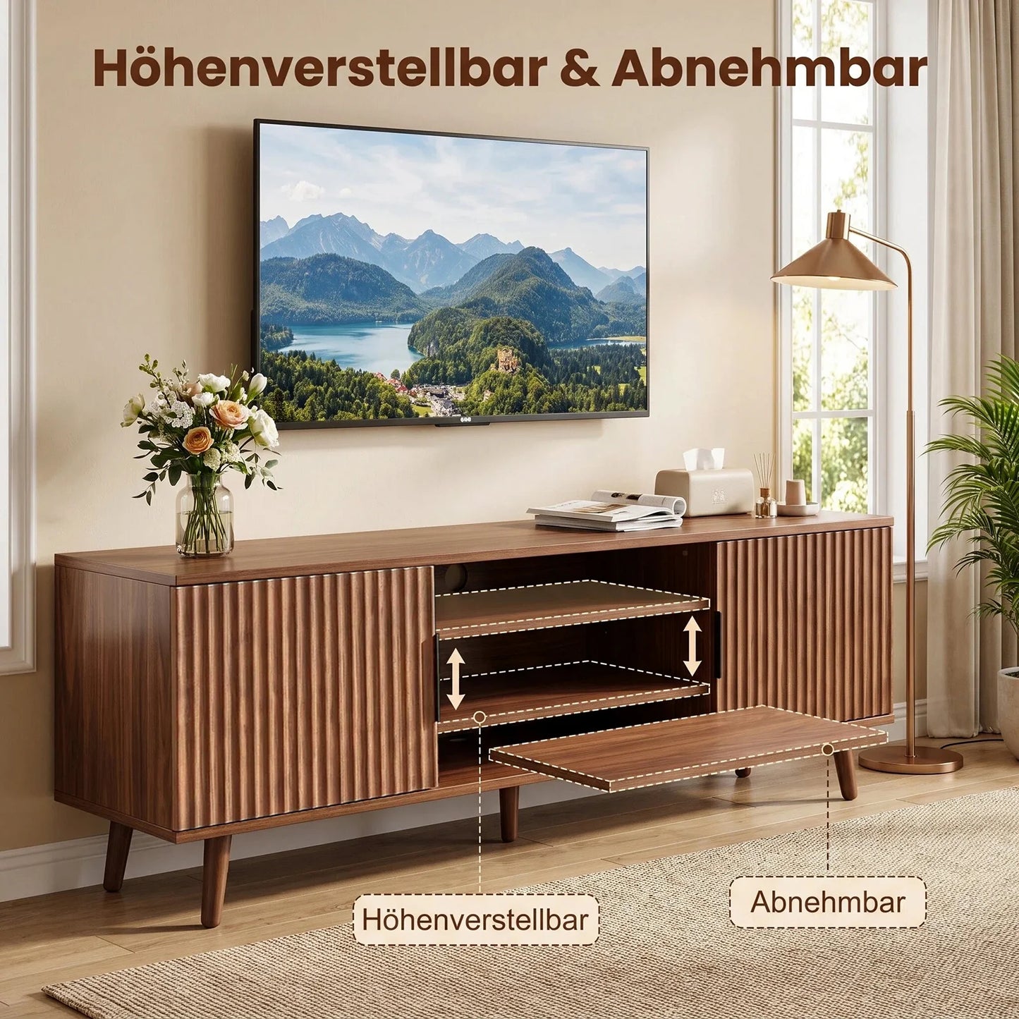 Walnut Fluted TV Stand with Storage Cabinets