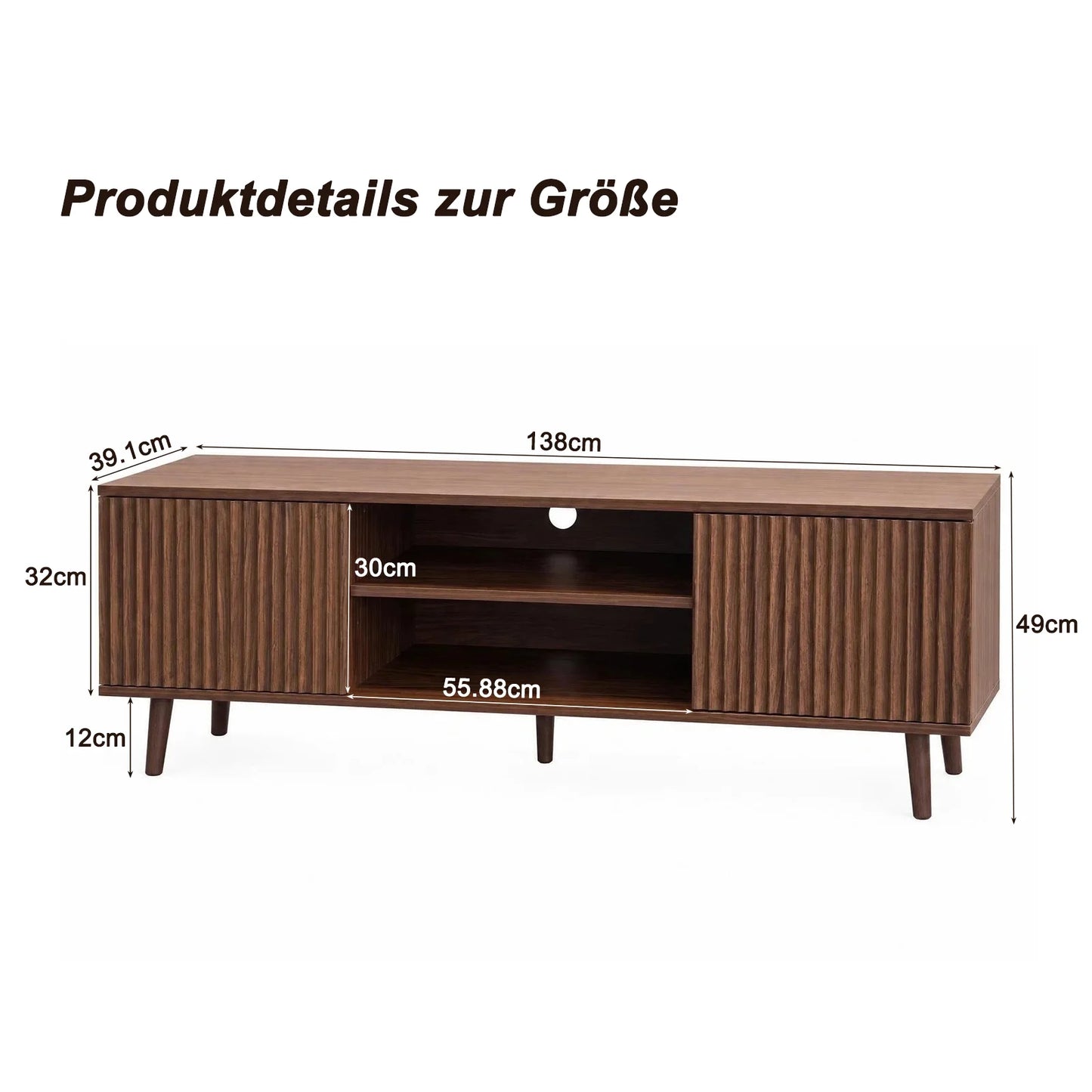 Walnut Fluted TV Stand with Storage Cabinets