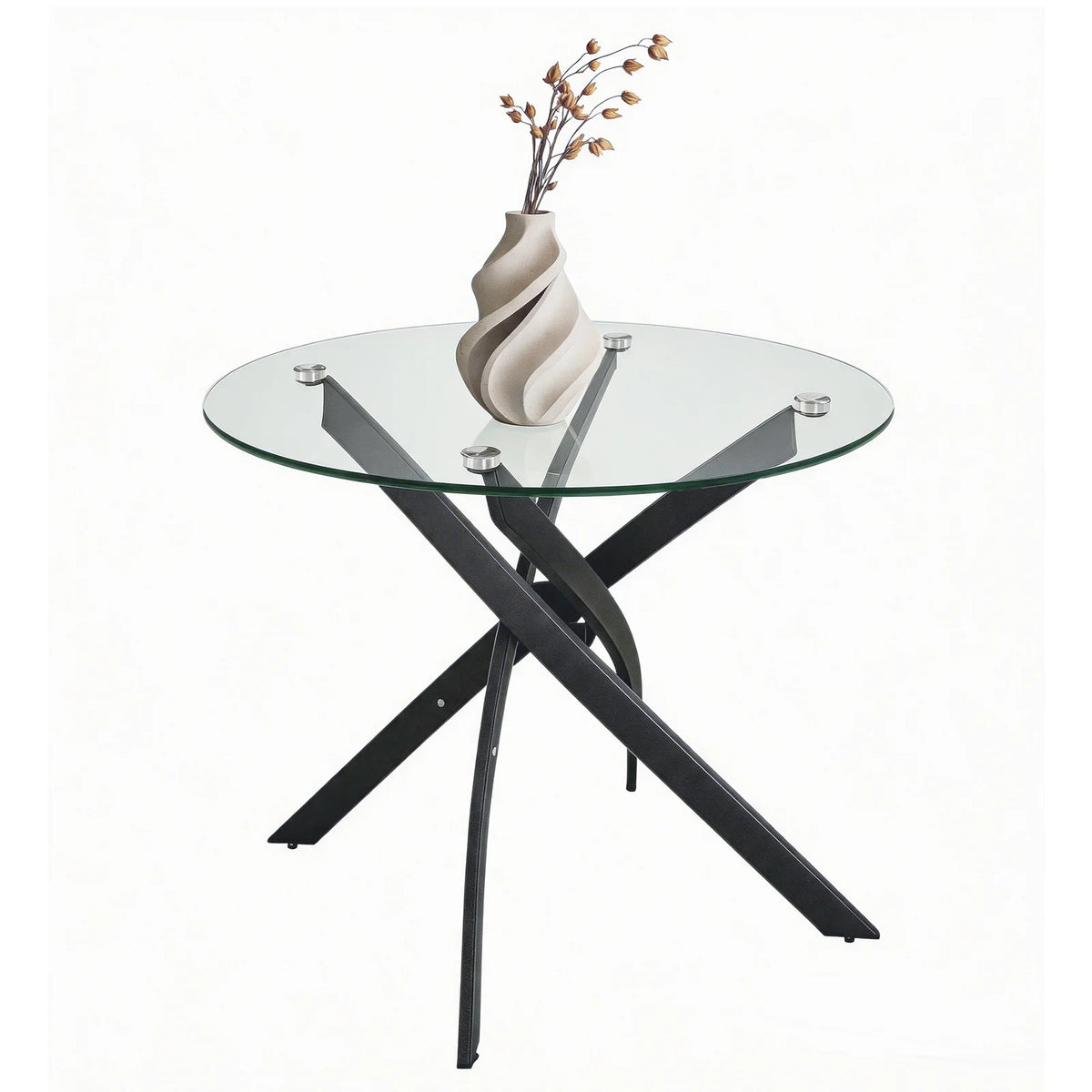 Round Glass Dining Table with  Black Cross Leg Base