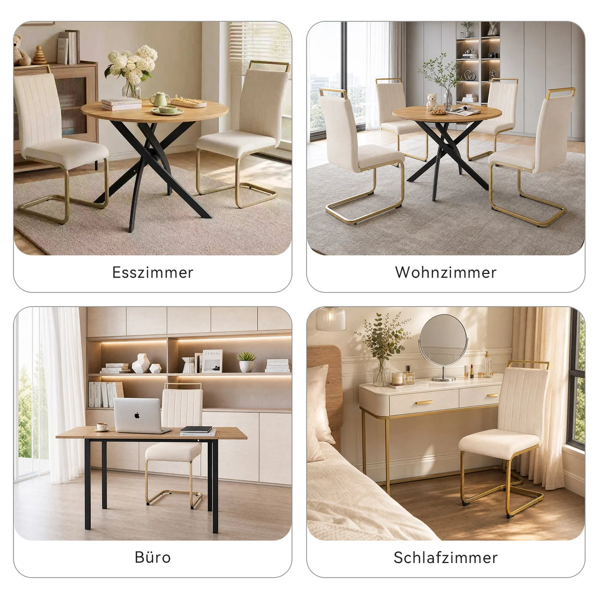Beige Velvet Cantilever Dining Chairs with Gold Legs(Set of 2)
