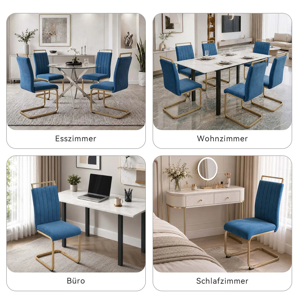 Blue Velvet Cantilever Dining Chairs with Gold Legs(Set of 2)