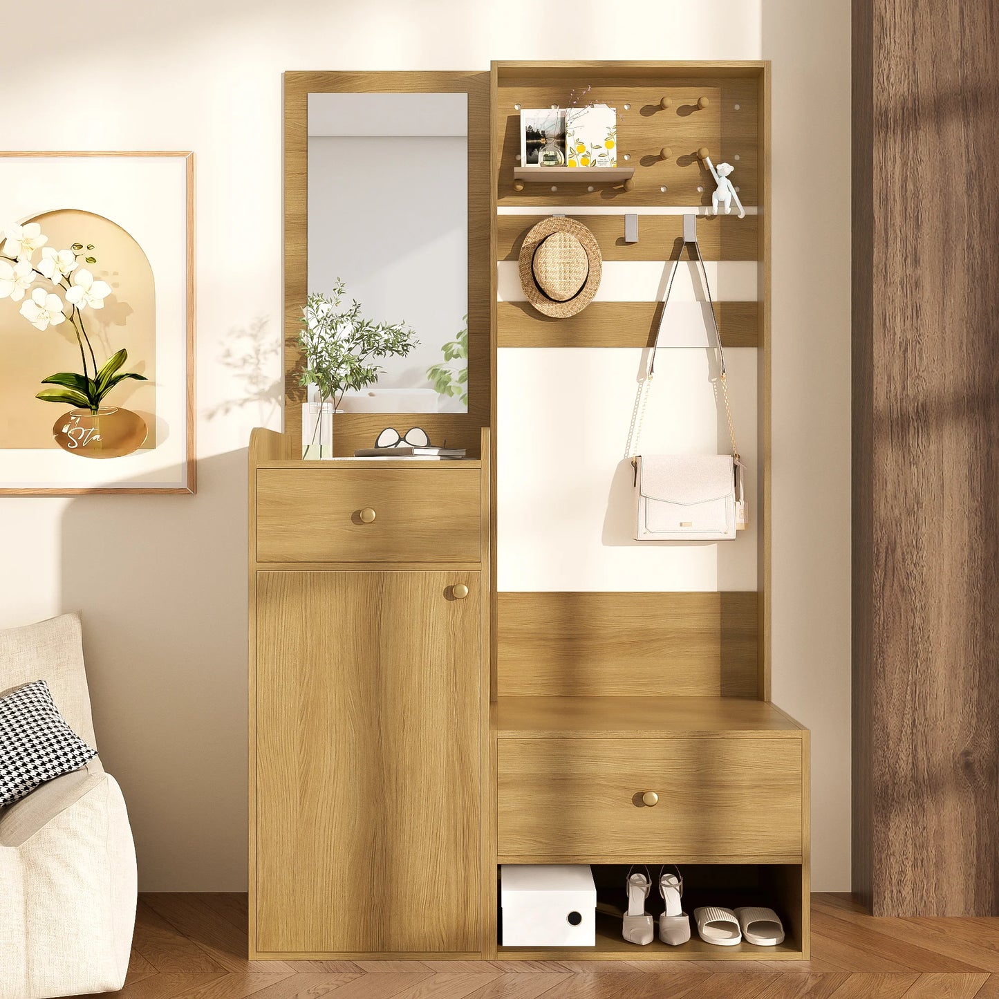 Modern Compact Wardrobe with Mirror, Adjustable Shelves & Hooks, Storage Cabinet for Bedroom