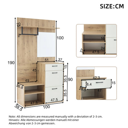 White Wood Hallway Wardrobe Set with Mirror and Shoe Bench