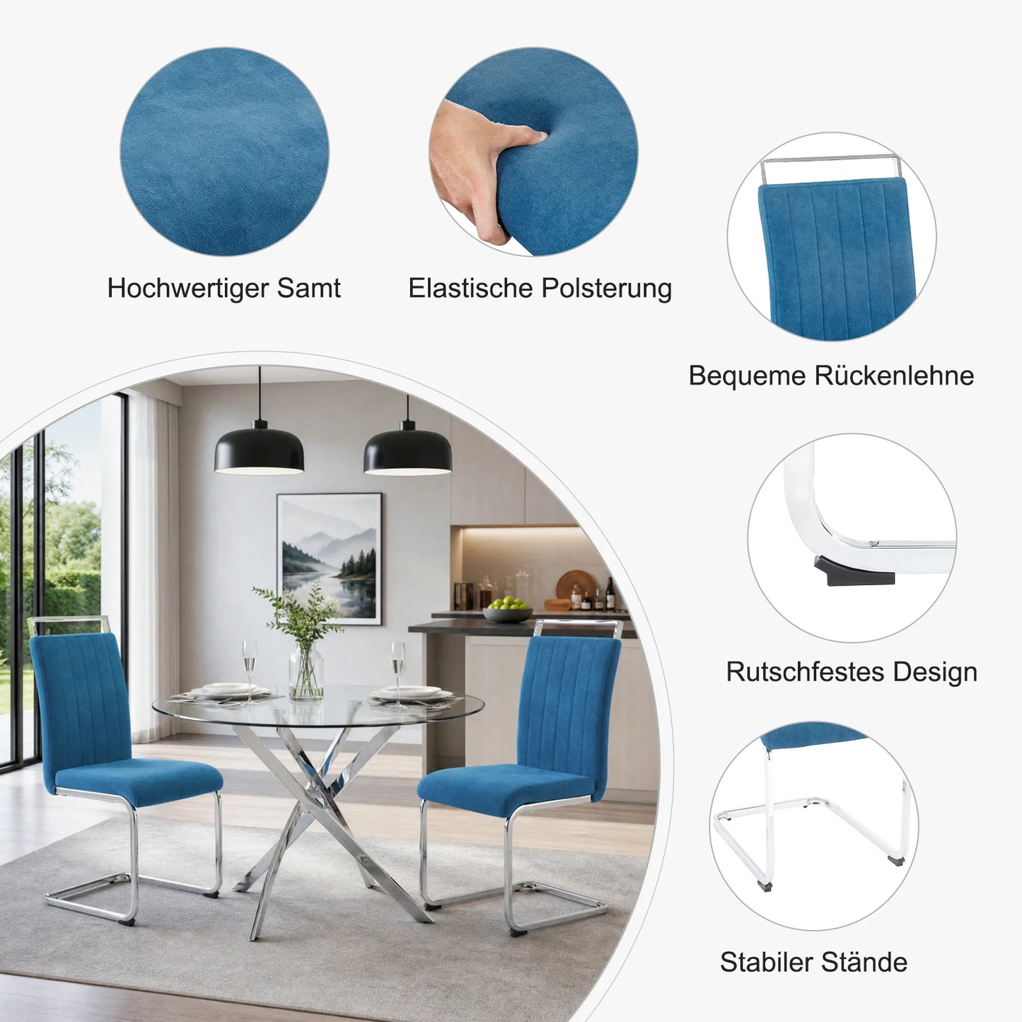 Blue Velvet Cantilever Dining Chairs (Set of 2)