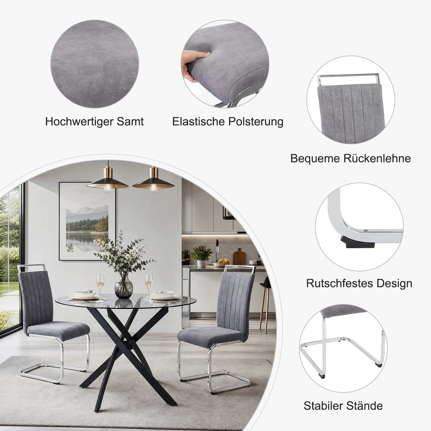 Grey Velvet Cantilever Dining Chairs (Set of 2)