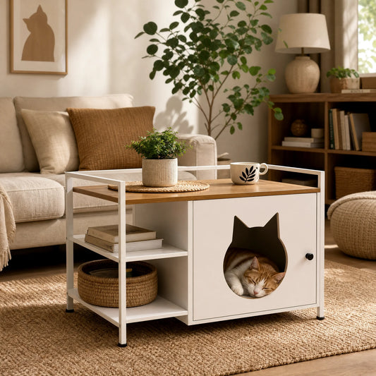 Multifunctional Cat Litter Box Cabinet with Storage, White & Light Oak