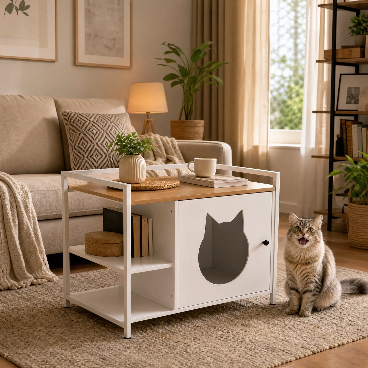 Multifunctional Cat Litter Box Cabinet with Storage, White & Light Oak