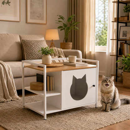 Multifunctional Cat Litter Box Cabinet with Storage, White & Light Oak