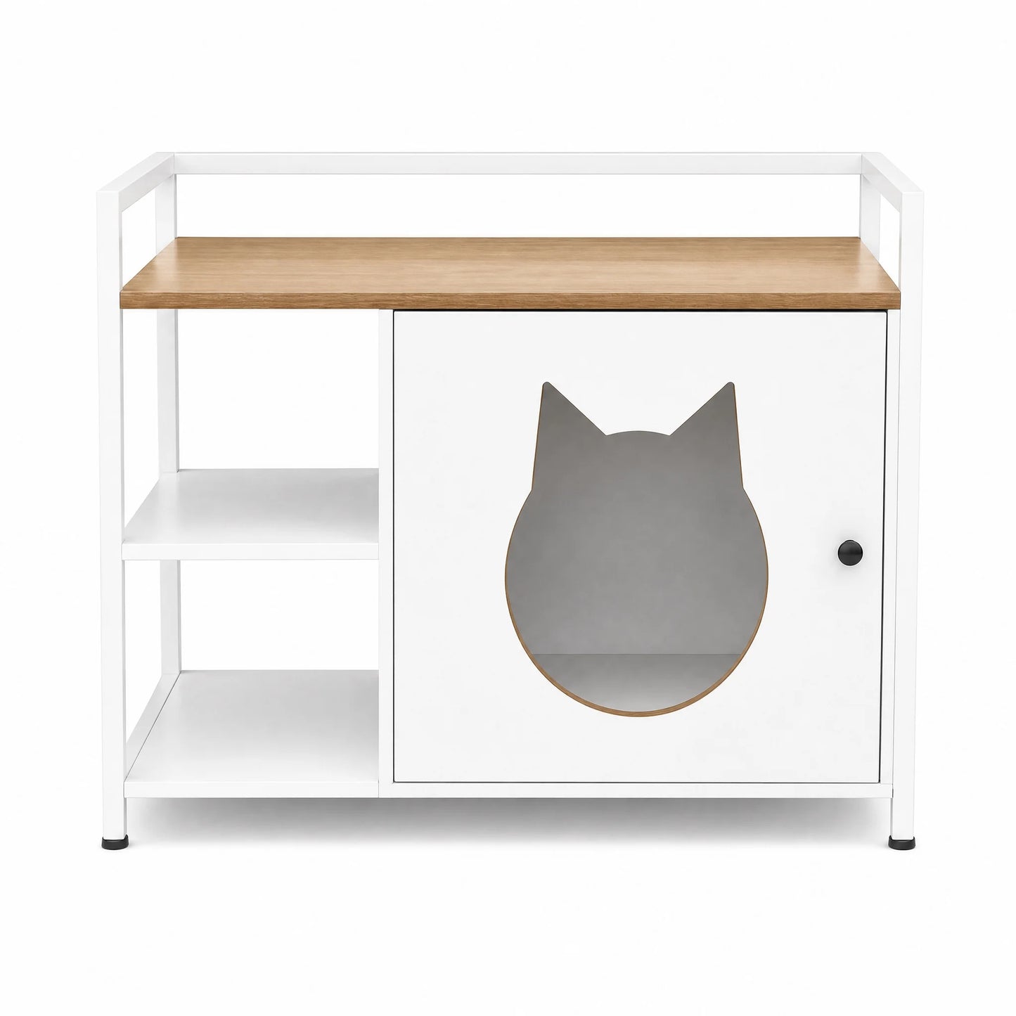 Multifunctional Cat Litter Box Cabinet with Storage, White & Light Oak