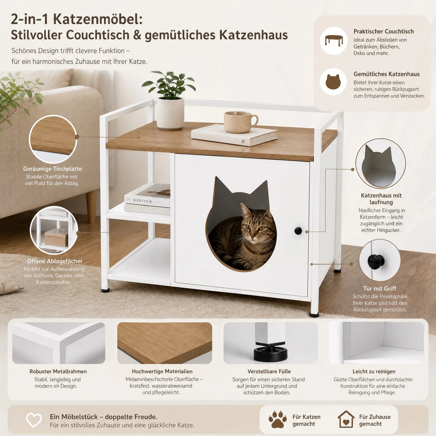 Multifunctional Cat Litter Box Cabinet with Storage, White & Light Oak