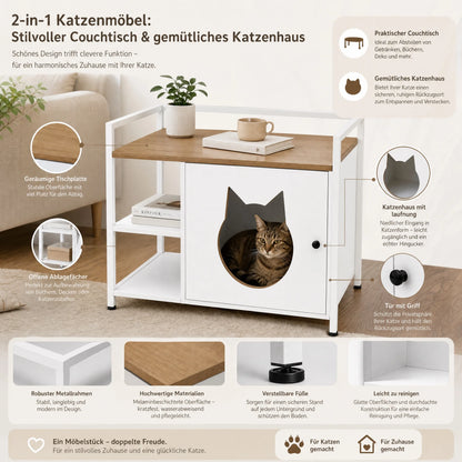 Multifunctional Cat Litter Box Cabinet with Storage, White & Light Oak