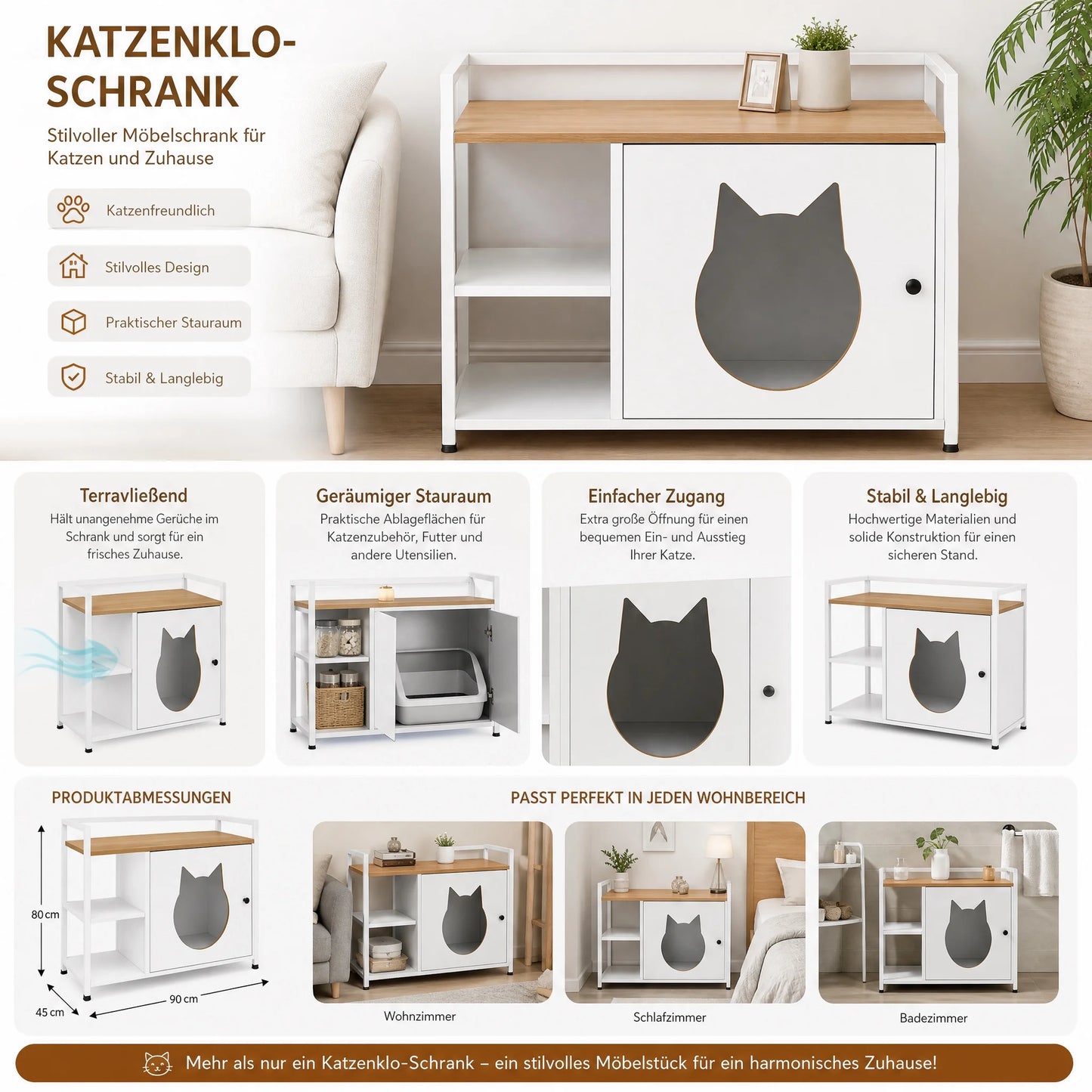 Multifunctional Cat Litter Box Cabinet with Storage, White & Light Oak