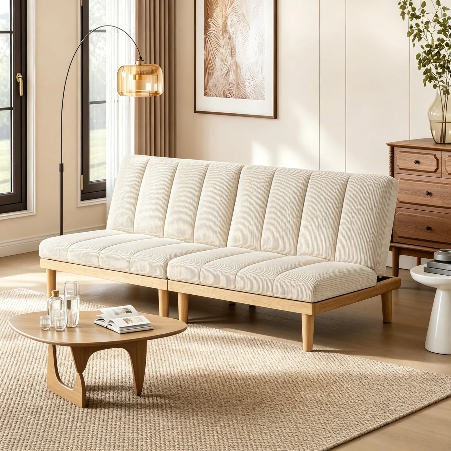 Beige Corduroy 2-Seater Sofa Bed