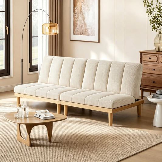 Beige Corduroy 2-Seater Sofa Bed
