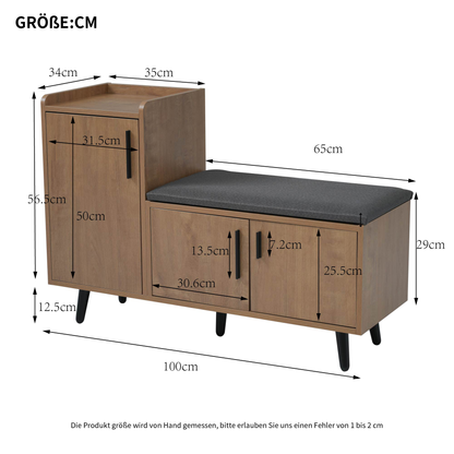 Modern Natural Shoe Storage Bench with 3 Doors, Adjustable Shelves, 100cm