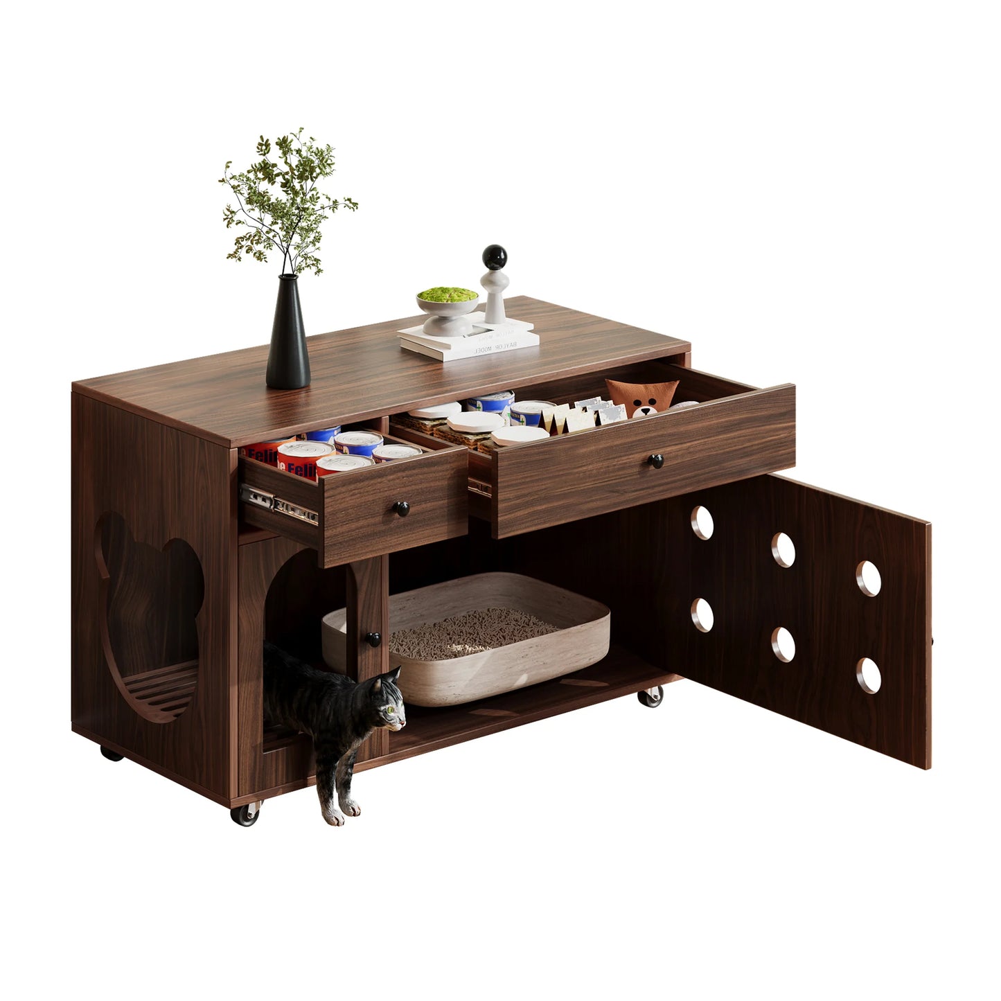 Hidden Cat Litter Box Cabinet with Storage, Walnut Wood Finish, 100cm