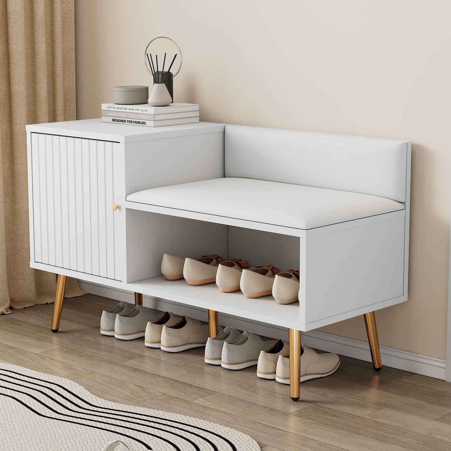Modern White Shoe Storage Bench with Seat, Backrest & Storage