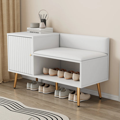 Modern White Shoe Storage Bench with Seat, Backrest & Storage