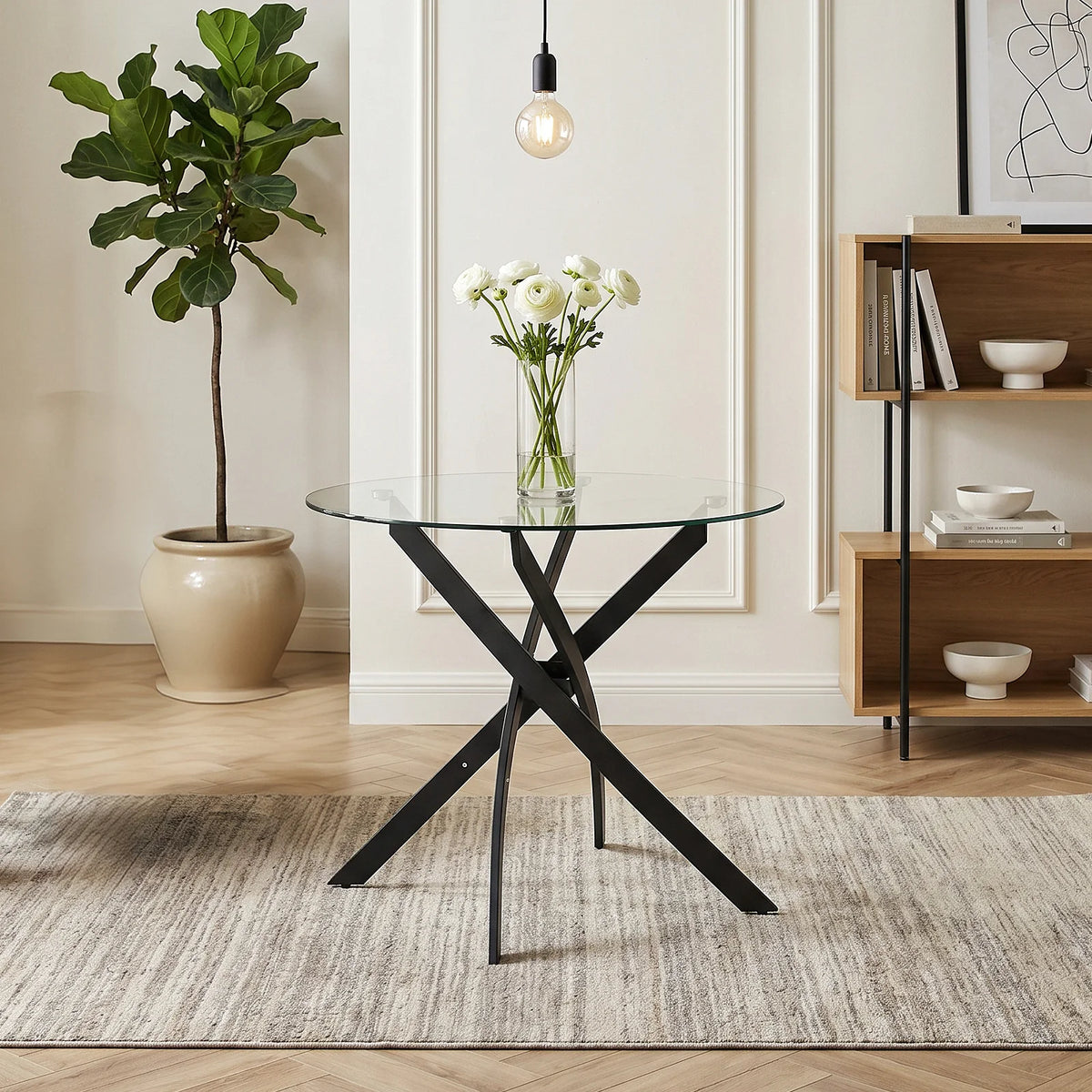 Round Glass Dining Table with  Black Cross Leg Base