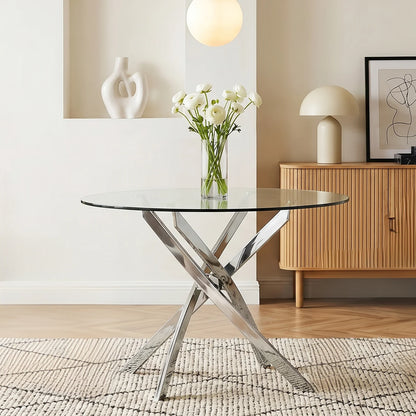 Round Glass Dining Table with Cross Leg Base