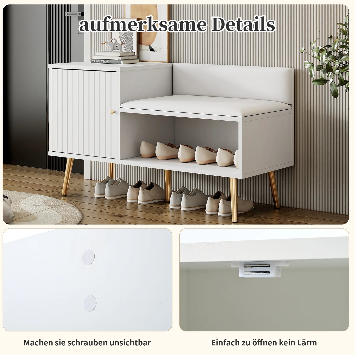 Modern White Shoe Storage Bench with Seat, Backrest & Storage