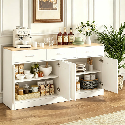 White MDF Kitchen Sideboard with 3 Drawers and Adjustable Shelves