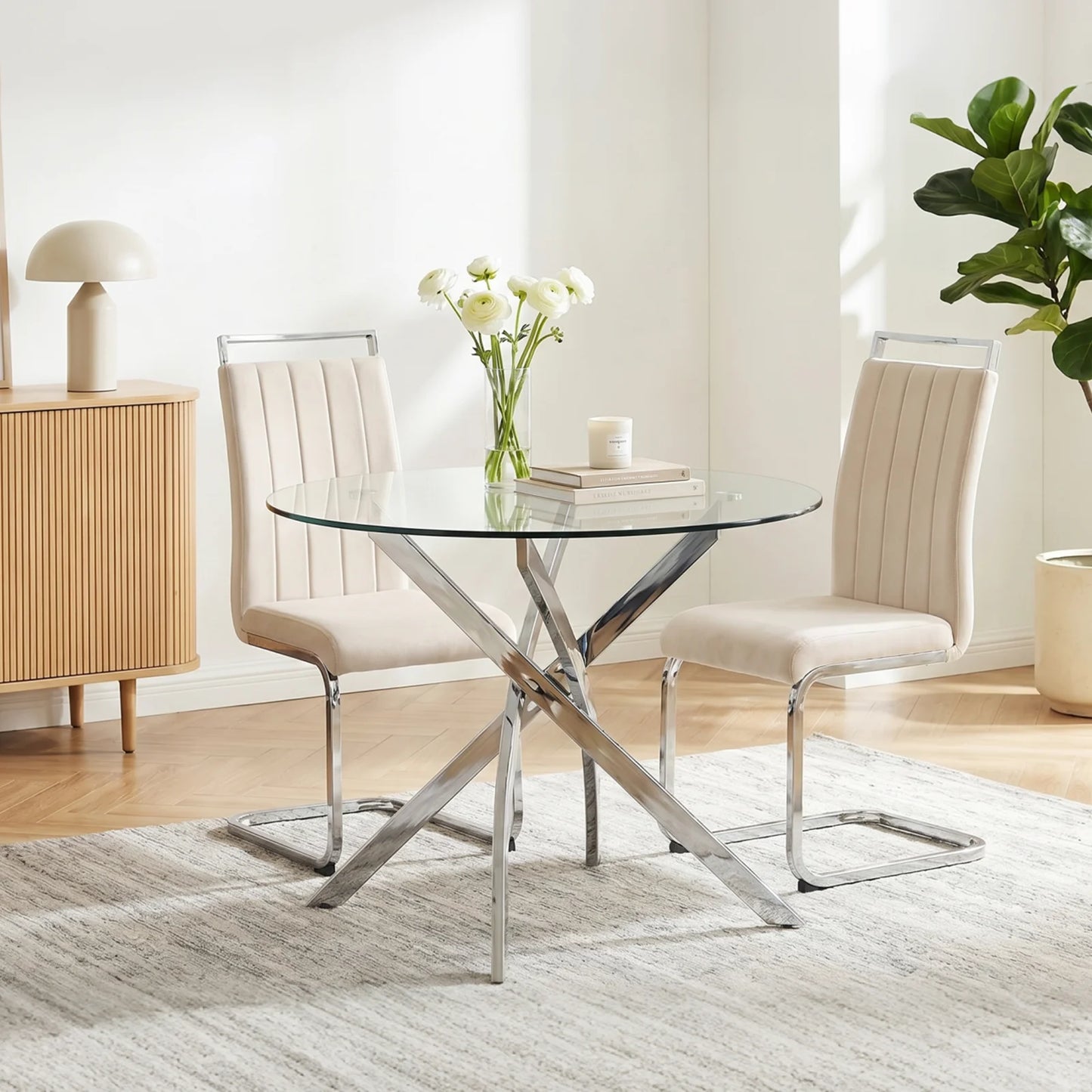 Round Glass Dining Table with Cross Leg Base