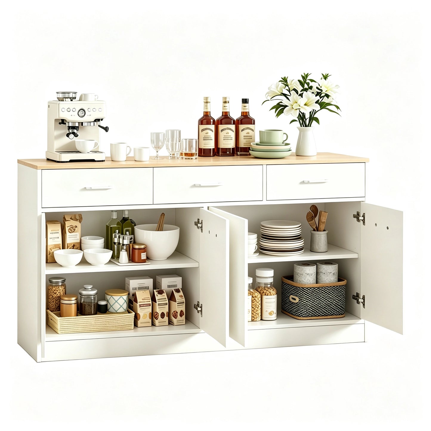 White MDF Kitchen Sideboard with 3 Drawers and Adjustable Shelves