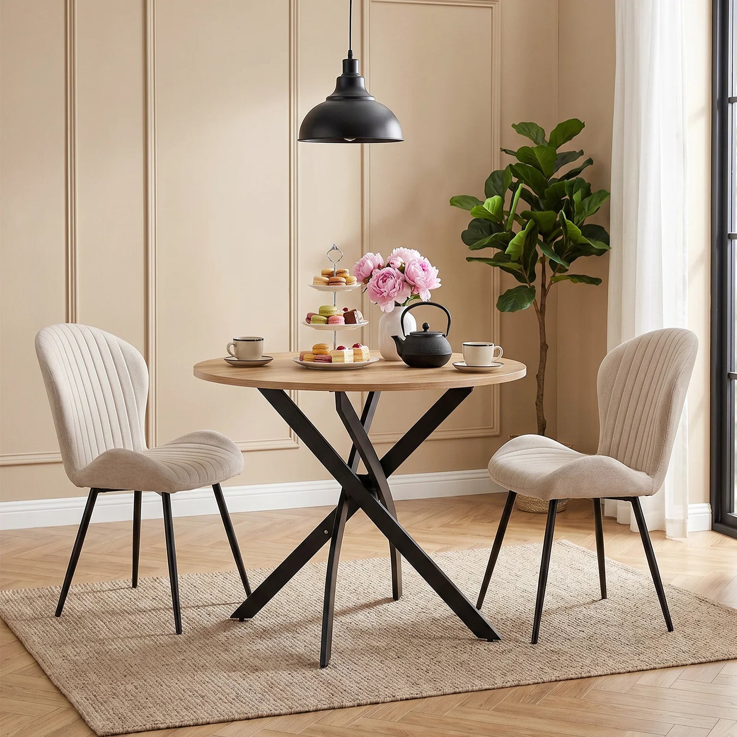 Round Wooden Grain Dining Table with Cross Leg Base