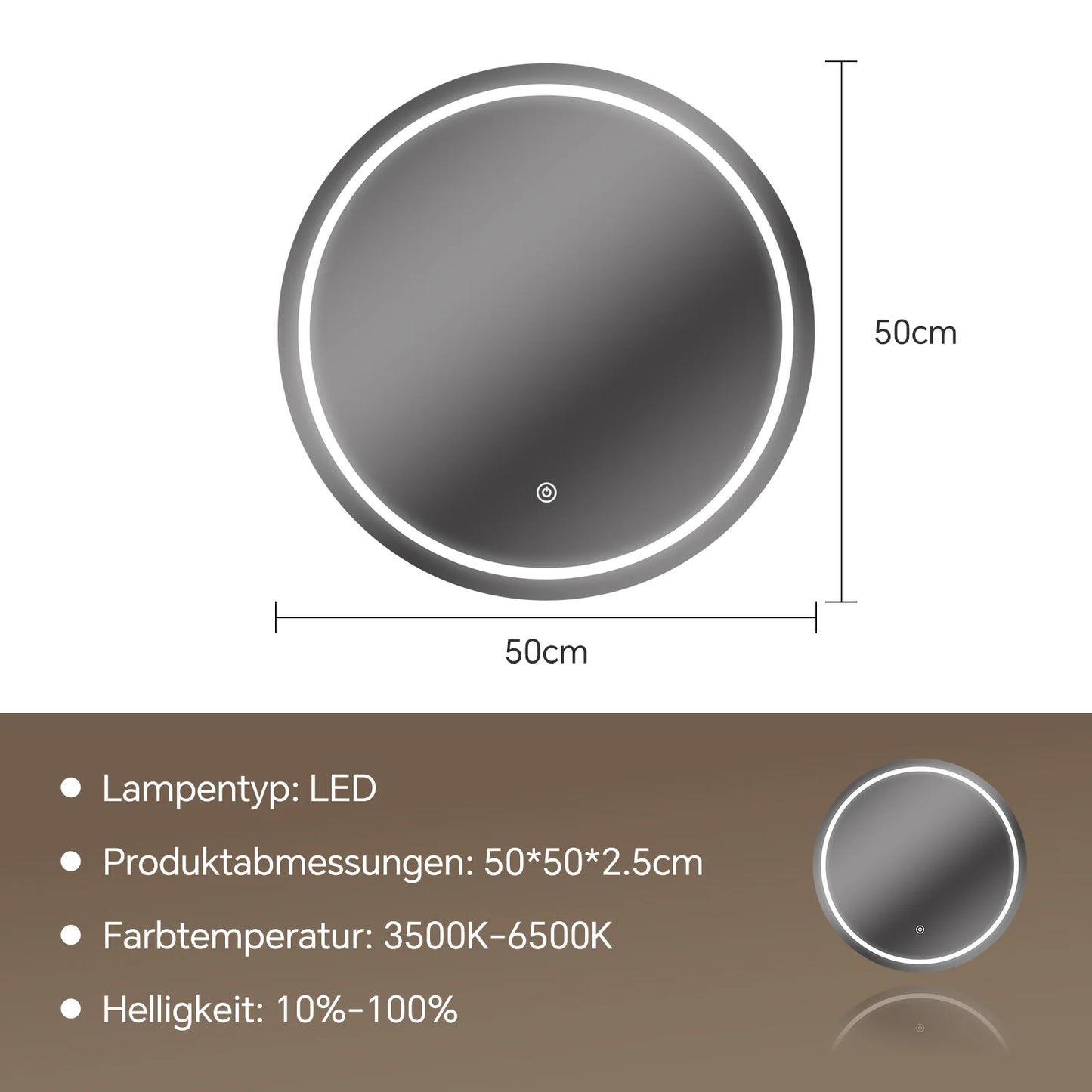 Round Bathroom Mirror with 3 Color Temperature Settings，Diameter 50 cm