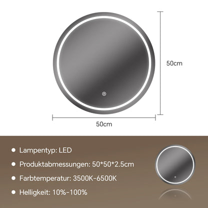 Round Bathroom Mirror with 3 Color Temperature Settings，Diameter 50 cm