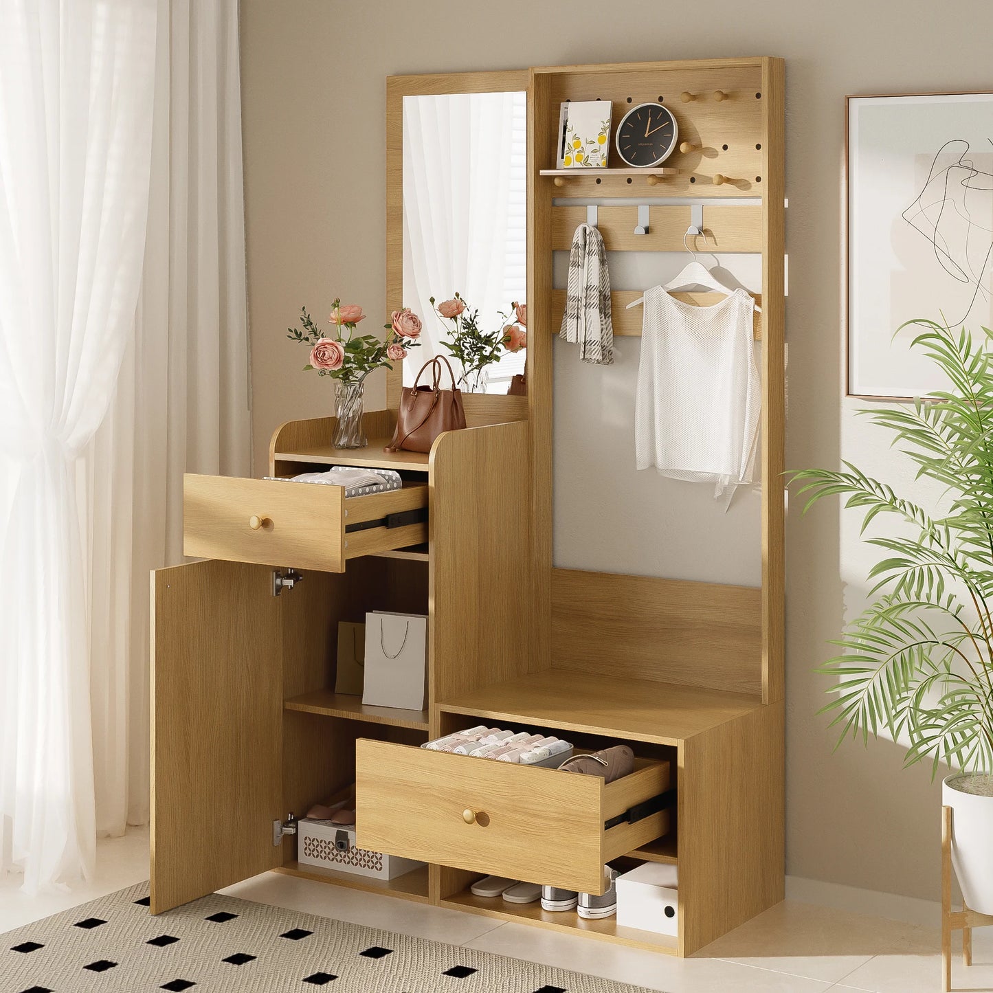 Modern Compact Wardrobe with Mirror, Adjustable Shelves & Hooks, Storage Cabinet for Bedroom