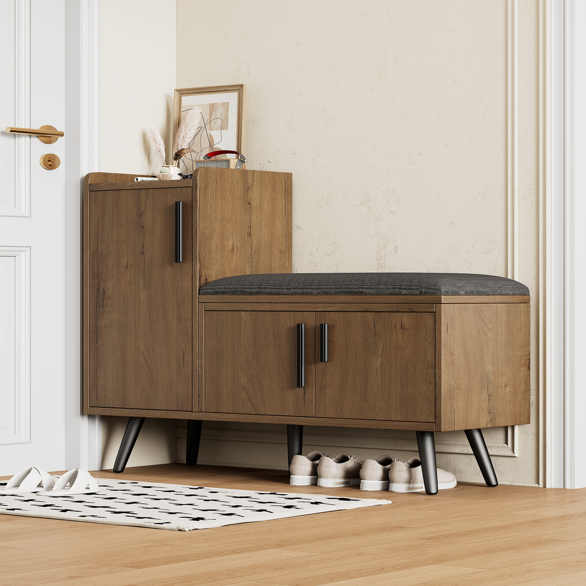 Modern Natural Shoe Storage Bench with 3 Doors, Adjustable Shelves, 100cm
