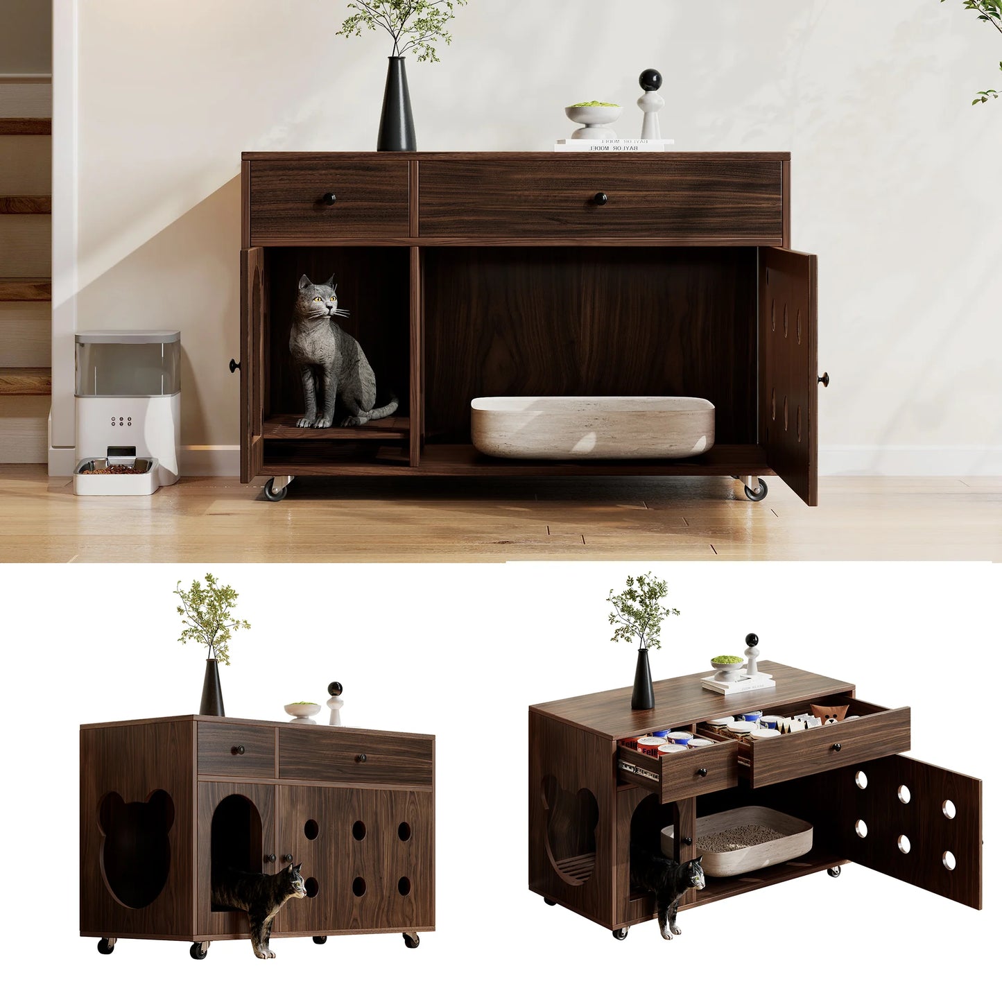 Hidden Cat Litter Box Cabinet with Storage, Walnut Wood Finish, 100cm