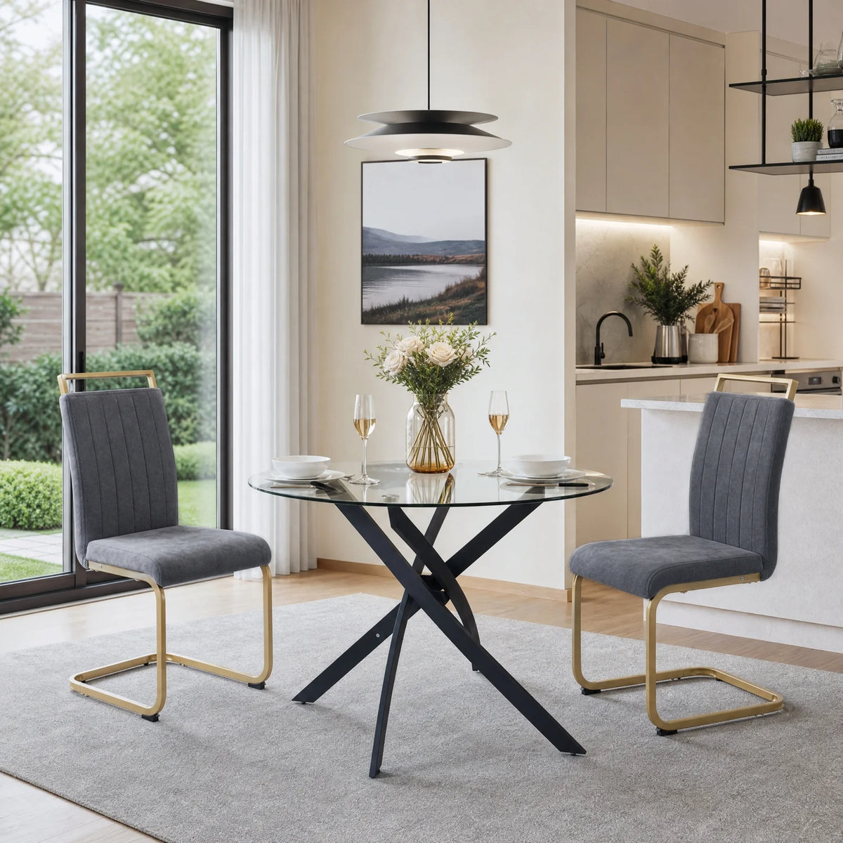 Grey Velvet Cantilever Dining Chairs with Gold Legs(Set of 2)