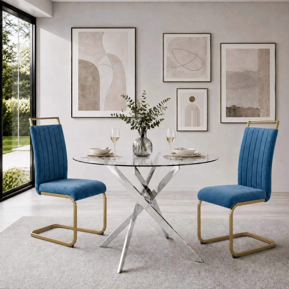 Blue Velvet Cantilever Dining Chairs with Gold Legs(Set of 2)