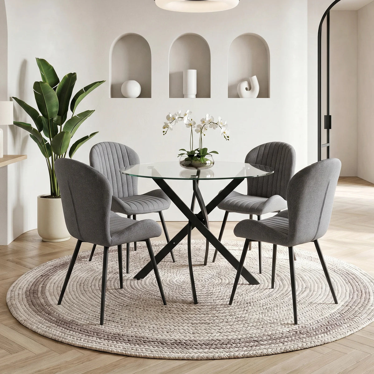 Round Glass Dining Table with  Black Cross Leg Base