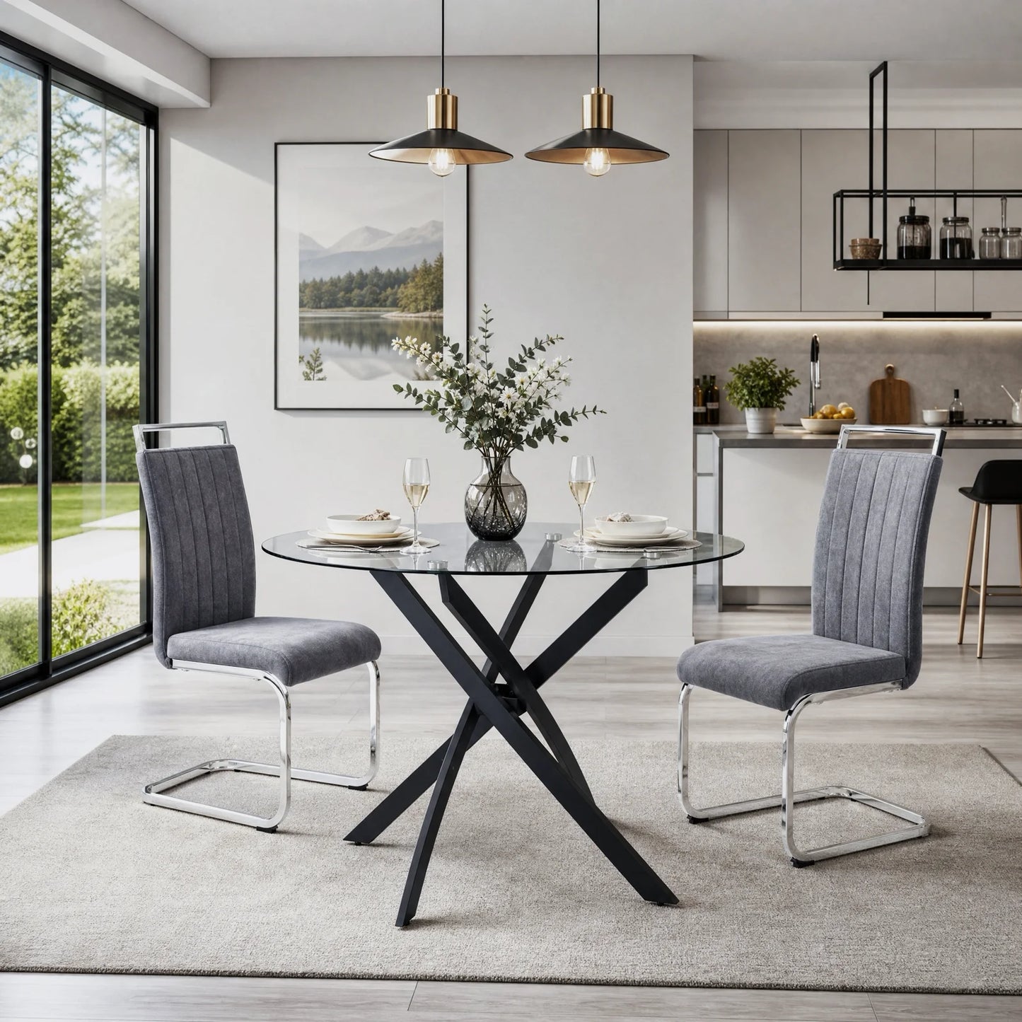 Grey Velvet Cantilever Dining Chairs (Set of 2)