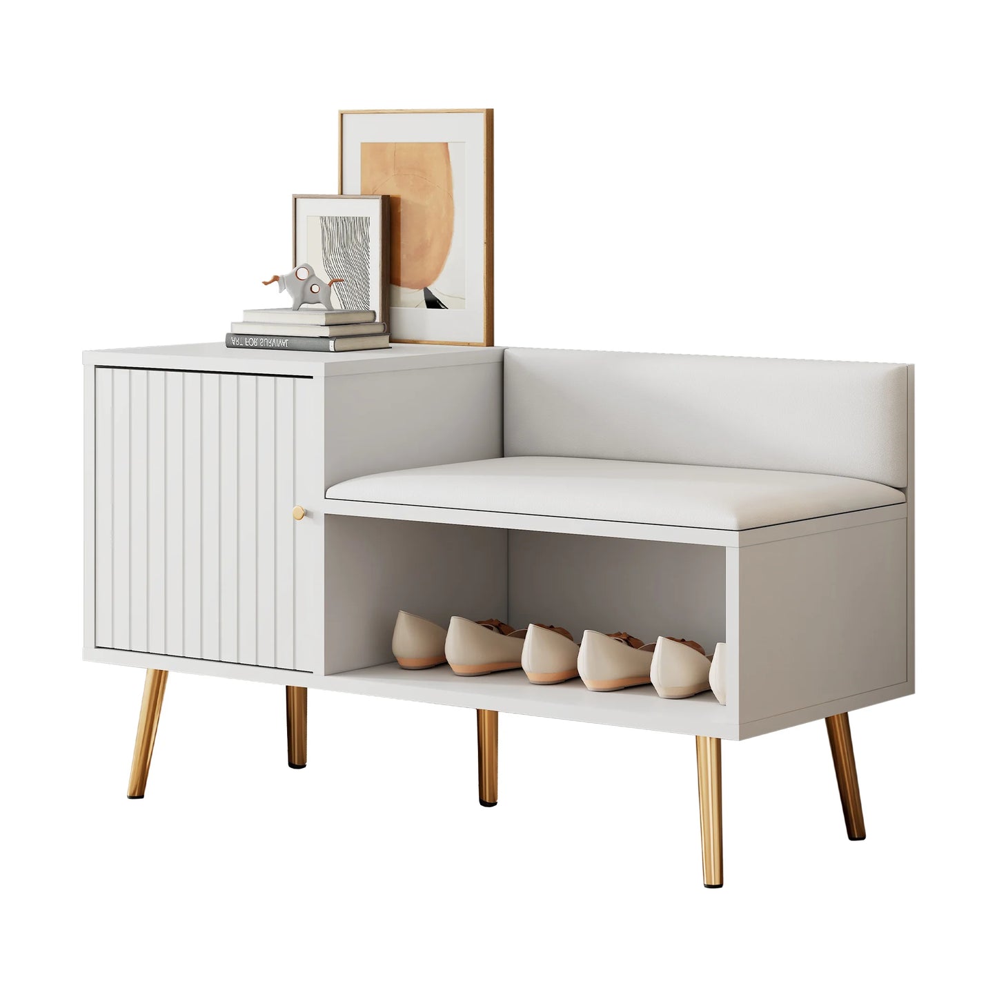 Modern White Shoe Storage Bench with Seat, Backrest & Storage