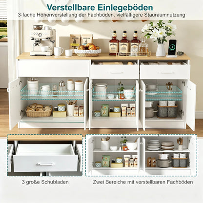 White MDF Kitchen Sideboard with 3 Drawers and Adjustable Shelves