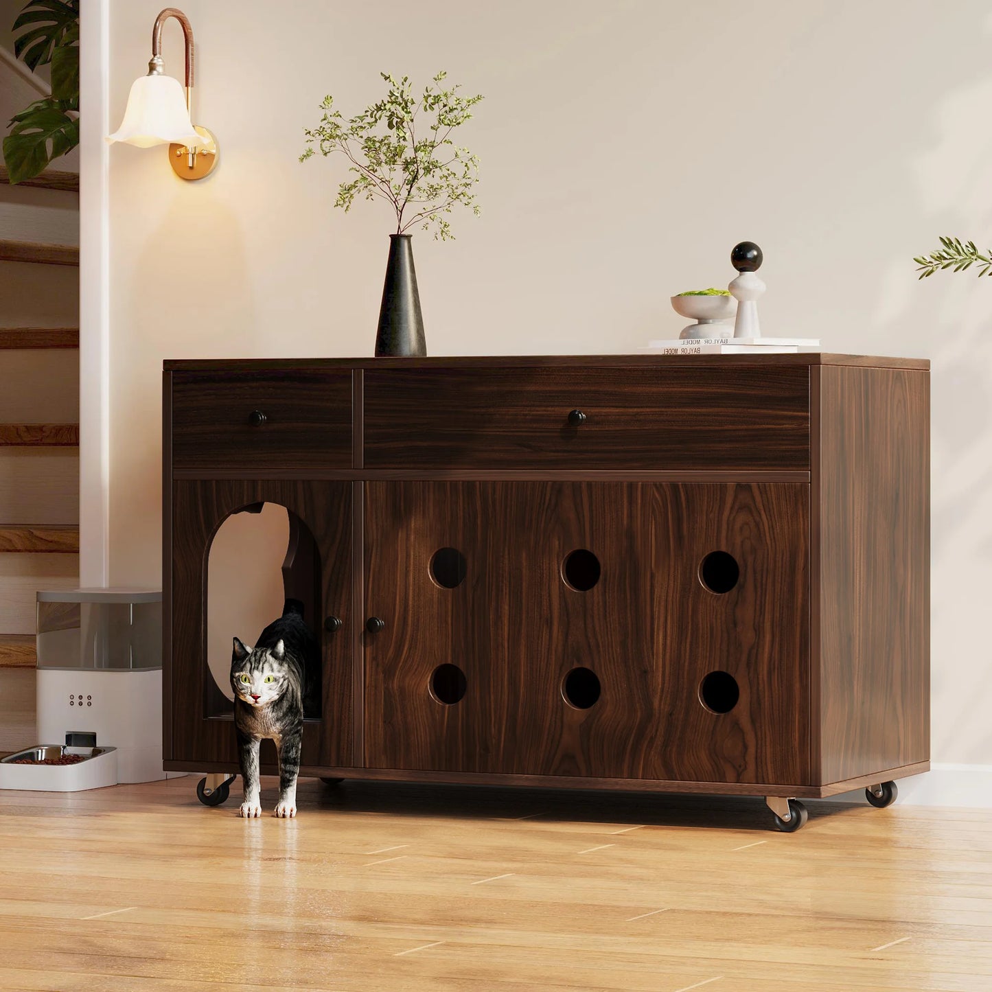 Hidden Cat Litter Box Cabinet with Storage, Walnut Wood Finish, 100cm