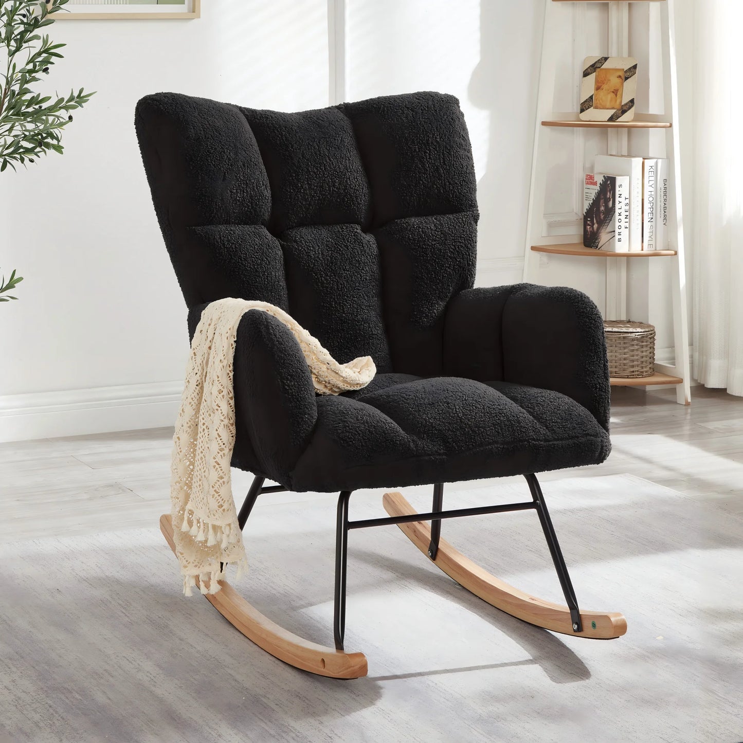 Modern Black Rocking Chair with Wooden Base